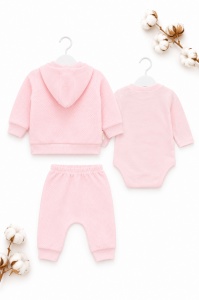 Compleu bebe fetite 3 piese roz cu hanorac body iepuras si pantaloni din bumbac - Img 3