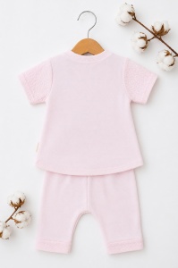Compleu bebe roz din bumbac cu iepuras brodat si pantaloni 2 piese - Img 3
