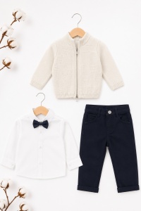Compleu elegant bebe baieti 4 piese cu pantaloni bleumarin si papion - Img 2