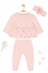 Compleu elegant bebe fetita roz pudrat cu bentita si dantela 3 piese - Img 4