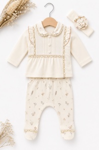 Compleu elegant fetita 3 piese cu bentita, set bebelusi din bumbac crem cu imprimeu floral - Img 2