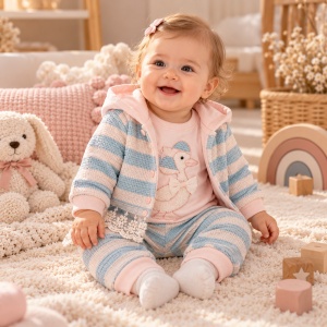 Compleu fetita 3 piese bumbac cu ratusca bluza roz jacheta cu dantela si pantaloni