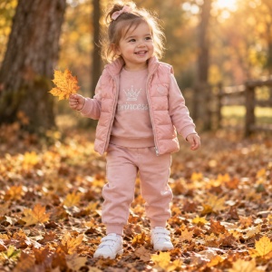 Compleu fetita 3 piese bumbac roz cu vesta matlasata princess