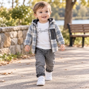 Costum baiat 3 piese bumbac 100% cu hanorac tip camasa in carouri, bluza si blugi