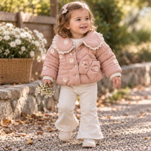 Costum bebe 3 piese roz pudra cu geaca imblanita, bluza si pantaloni evazati