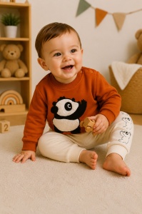 Costum bebe baiat 2 piese caramiziu crem cu panda aplicat si pantaloni imprimeu ursuleti - Img 2