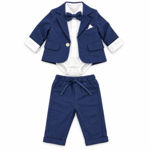 Costum bebe baiat bleumarin 3 piese sacou pantaloni body cu papion, fotografie de produs pe fundal alb