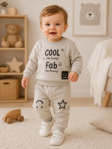 Costum bebe baiat gri 2 piese din bumbac bluza cool fab si pantaloni sport