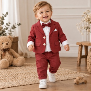Costum bebe baiat rosu bordo 3 piese cu sacou camasa si pantaloni elegant