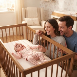 Costum bebe fetita 3 piese roz cu floricele, bluza, pantaloni cu botosei si bentita, prezentare in decor