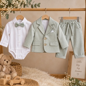 Costum ceremonie bebe baiat 3 piese verde salvie sacou body si papion, prezentare in decor