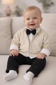 Costum elegant bebe 4 piese crem cu papion camasa si pantaloni pentru botez evenimente - Img 2