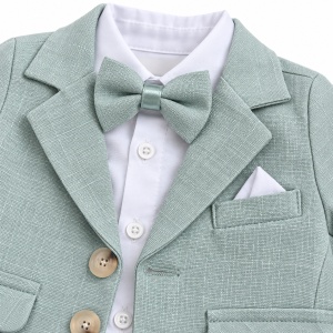 Costum elegant bebe baiat 3 piese verde menta sacou pantaloni body cu papion, prezentare in decor