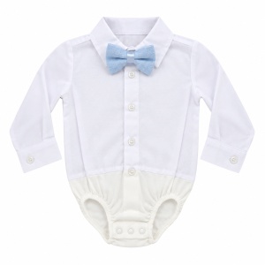 Costum elegant bebe baieti 3 piese bleu cu sacou, pantaloni si body cu papion, fotografie de produs pe fundal alb
