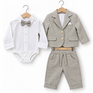 Costum elegant bebe baieti 3 piese gri cu sacou pantaloni body si papion, fotografie de produs pe fundal alb
