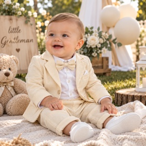 Costum elegant bebe baieti 3 piese ivoire cu sacou, pantaloni si body cu papion