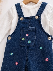 Costumas bebe fetita 2 piese salopeta denim cu floricele si bluza bumbac - Img 5