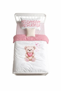Lenjerie patut bebe fetite 3 piese bumbac 100% set patut copii cu husa pilota, cearsaf si fata perna ursulet - Img 3