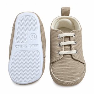 Pantofiori bebe bej din material textil cu sireturi si talpa moale - Img 5