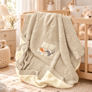 Paturica bebe tricotata crem imblanita pe interior model ursuleti 85x95 cm