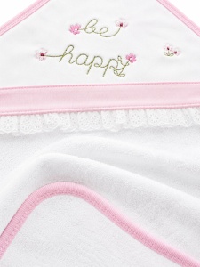 Prosop bebe cu gluga 80x90 cm, bumbac, alb si roz, broderie Be Happy - Img 4