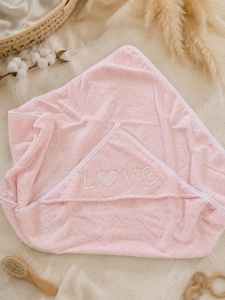 Prosop bebe cu gluga din bumbac roz cu broderie LOVE, 80x90 cm - Img 4