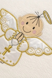 Prosop bebe ivoire cu gluga pentru botez bumbac moale broderie ingeras 80x90 cm - Img 3