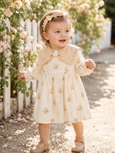 Rochie bebe fetita din muselina crem cu flori si bentita eleganta