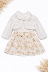 Rochita bebe fetita alba cu imprimeu floral si bolero pufos pentru ocazii speciale - Img 2