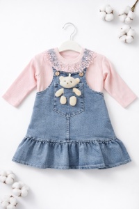 Rochita bebe fetita denim cu bluza din bumbac si aplicatie ursulet - Img 2