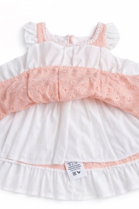 Rochita bebe fetita din bumbac roz cu fundita alba si broderie florala eleganta - Img 5