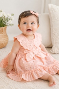 Rochita bebe fetita roz pudra din bumbac cu broderie englezeasca si fundita eleganta