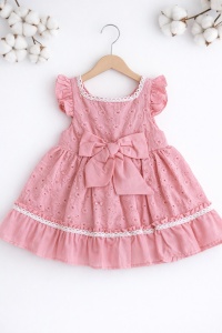 Rochita eleganta bebe fetita roz din bumbac cu broderie florala si fundita - Img 2