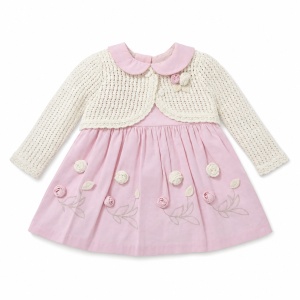 Rochita eleganta fetite din bumbac cu bolero tricotat si flori aplicate, roz - Img 2