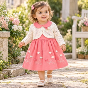 Rochita fetita roz somon cu broderie florala si bolero crosetat detasabil