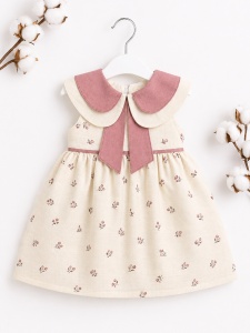 Rochita fetite crem cu imprimeu floral si guler dublu roz elegant - Img 2