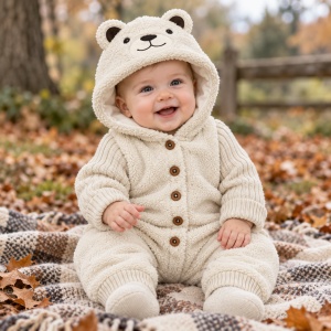 Salopeta bebe captusita cu bumbac, maneci din lana naturala, gluga ursulet, crem
