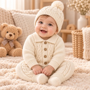 Salopeta bebe din lana naturala crem cu caciula model tricotat cu torsade