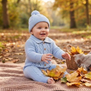Salopeta bebe din lana naturala cu caciula asortata bleu model tricotat premium