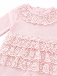 Salopeta bebe fetita roz cu volane din dantela, 100% bumbac, eleganta - Img 4
