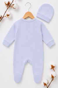 Salopeta bebe lila din bumbac cu caciulita si imprimeu iepuras pentru fetite - Img 3