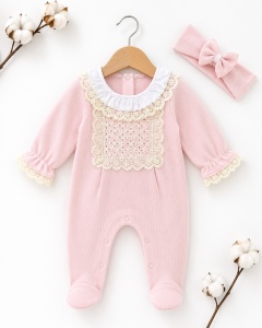 Salopeta bebe roz cu bentita, dantela eleganta si guleras din 100% bumbac - Img 2