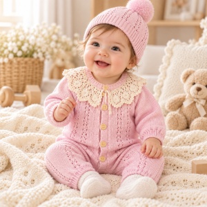 Salopeta bebe roz din lana naturala cu tricot ajurat, guler din dantela si caciulita