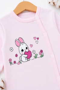 Salopeta bebe roz pal din bumbac cu caciulita si imprimeu iepuras fetita - Img 3