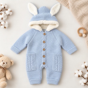 Salopeta premium pentru iarna bebe albastru tricotat cu interior imblanit, gluga cu urechiuse si buzunare decorative, prezentare in decor