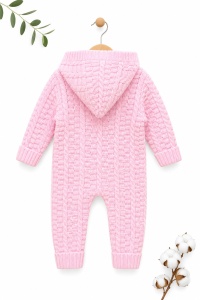 Salopeta tricotata roz cu gluga pentru bebelusi din bumbac premium model impletit - Img 3