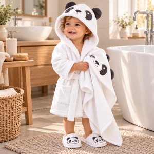 Set baie bebe 3 piese, bumbac, halat cu gluga, prosop si papuci, model Panda, alb