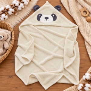 Set baie bebe 3 piese, halat cu gluga panda, prosop si papuci, crem Panda - Img 5