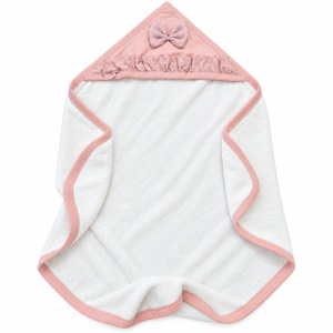 Set baie bebe 4 piese din bumbac, halat cu gluga, prosop, manusa si papuci, fundite, alb-roz - Img 5