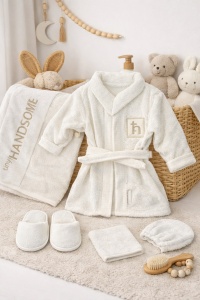 Set baie bebe 5 piese alb ivory halat prosop papuci premium